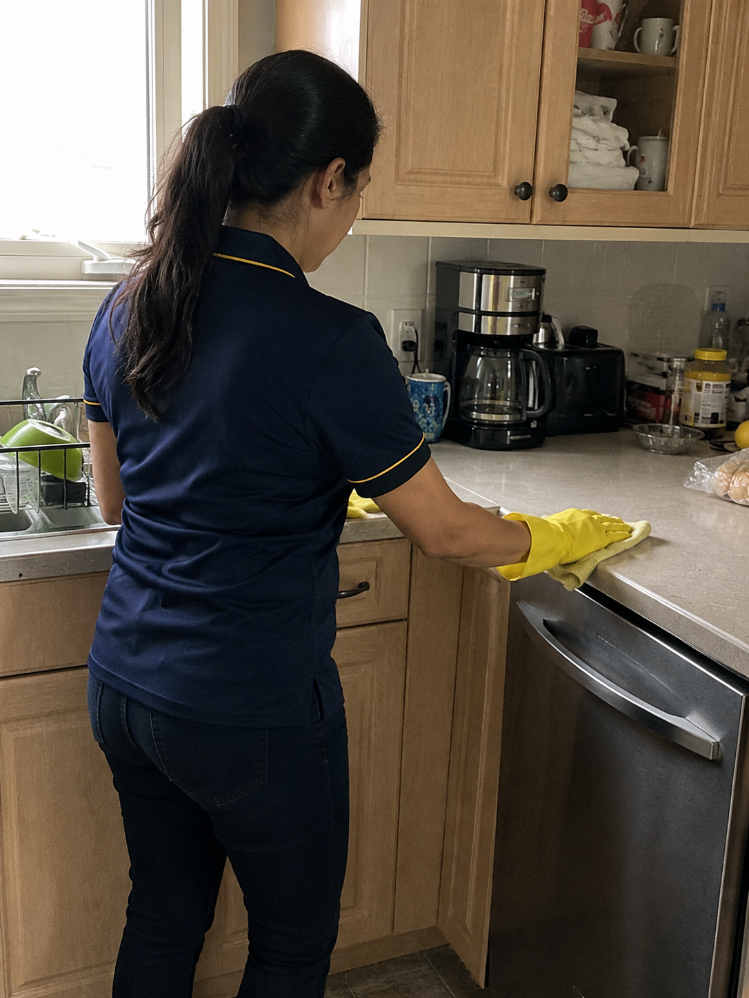 Montreal Cleaning Co team member cleaning a kitchen counter in uniform
